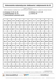 Kolorowanka matematyczna dodawanie i odejmowanie do 20 — ukryty obrazek sowa, siatka 12×12, do druku A4