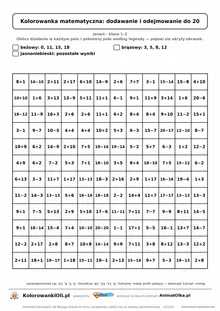 Kolorowanka matematyczna dodawanie i odejmowanie do 20 — ukryty obrazek żołądź, siatka 12×12, do druku A4