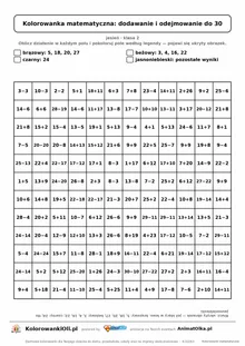 Kolorowanka matematyczna dodawanie i odejmowanie do 30 — ukryty obrazek jeż, siatka 12×12, do druku A4