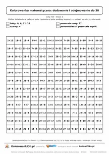 Kolorowanka matematyczna dodawanie i odejmowanie do 30 — ukryty obrazek kaczka, siatka 12×12, do druku A4