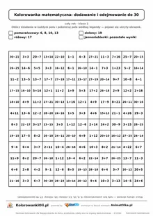 Kolorowanka matematyczna dodawanie i odejmowanie do 30 — ukryty obrazek kot, siatka 12×12, do druku A4