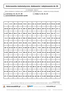 Kolorowanka matematyczna dodawanie i odejmowanie do 30 — ukryty obrazek kotylion, siatka 12×12, do druku A4