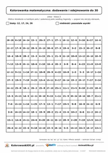 Kolorowanka matematyczna dodawanie i odejmowanie do 30 — ukryty obrazek płatek śniegu, siatka 12×12, do druku A4