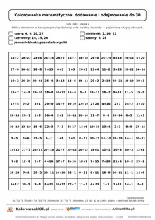 Kolorowanka matematyczna dodawanie i odejmowanie do 30 — ukryty obrazek robot, siatka 12×12, do druku A4