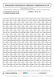 Kolorowanka matematyczna dodawanie i odejmowanie do 30 — ukryty obrazek skarpeta na prezenty, siatka 12×12, do druku A4