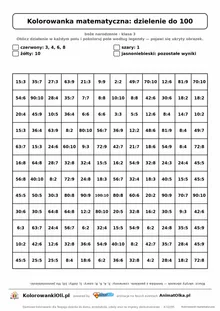 Kolorowanka matematyczna dzielenie do 100 — ukryty obrazek bombka, siatka 12×12, do druku A4
