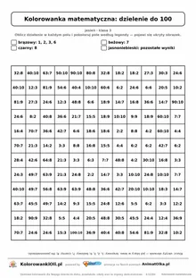 Kolorowanka matematyczna dzielenie do 100 — ukryty obrazek jeż, siatka 12×12, do druku A4