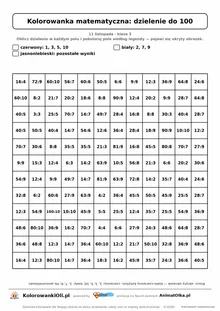 Kolorowanka matematyczna dzielenie do 100 — ukryty obrazek kotylion, siatka 12×12, do druku A4