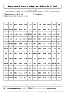 Kolorowanka matematyczna dzielenie do 100 — ukryty obrazek liść, siatka 12×12, do druku A4