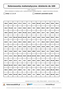 Kolorowanka matematyczna dzielenie do 100 — ukryty obrazek płatek śniegu, siatka 12×12, do druku A4