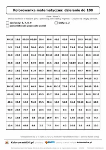 Kolorowanka matematyczna dzielenie do 100 — ukryty obrazek rękawiczka, siatka 12×12, do druku A4