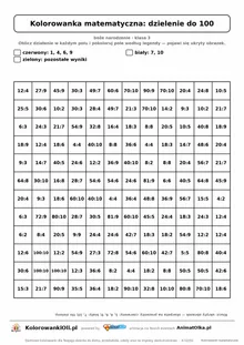 Kolorowanka matematyczna dzielenie do 100 — ukryty obrazek skarpeta na prezenty, siatka 12×12, do druku A4