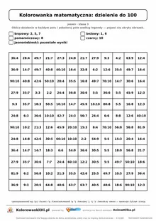 Kolorowanka matematyczna dzielenie do 100 — ukryty obrazek sowa, siatka 12×12, do druku A4