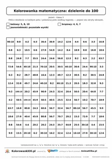 Kolorowanka matematyczna dzielenie do 100 — ukryty obrazek żołądź, siatka 12×12, do druku A4