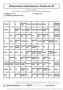 Kolorowanka matematyczna liczenie do 10 — ukryty obrazek bałwan, siatka 10×10, do druku A4