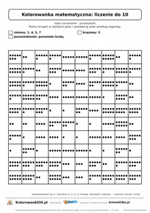 Kolorowanka matematyczna liczenie do 10 — ukryty obrazek choinka, siatka 10×10, do druku A4