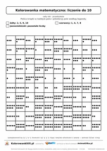 Kolorowanka matematyczna liczenie do 10 — ukryty obrazek dom, siatka 10×10, do druku A4