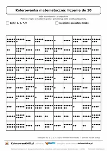 Kolorowanka matematyczna liczenie do 10 — ukryty obrazek gwiazda, siatka 10×10, do druku A4