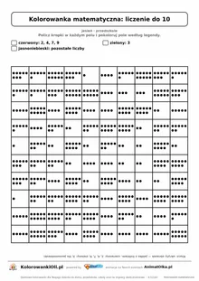 Kolorowanka matematyczna liczenie do 10 — ukryty obrazek jabłko, siatka 10×10, do druku A4