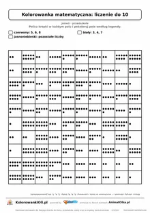 Kolorowanka matematyczna liczenie do 10 — ukryty obrazek muchomor, siatka 10×10, do druku A4