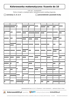 Kolorowanka matematyczna liczenie do 10 — ukryty obrazek serce, siatka 10×10, do druku A4