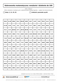 Kolorowanka matematyczna mnożenie i dzielenie do 100 — ukryty obrazek płatek śniegu, siatka 12×12, do druku A4