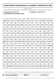 Kolorowanka matematyczna mnożenie i dzielenie do 100 — ukryty obrazek żołądź, siatka 12×12, do druku A4