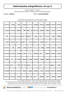 Kolorowanka ortograficzna ch czy h — 100 wyrazów z luką, obrazek choinka, do druku (klasa 2)