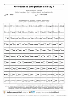 Kolorowanka ortograficzna ch czy h — 100 wyrazów z luką, obrazek gwiazda, do druku (klasa 2)