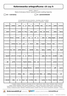 Kolorowanka ortograficzna ch czy h — 100 wyrazów z luką, obrazek muchomor, do druku (klasa 2)