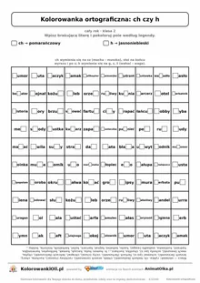 Kolorowanka ortograficzna ch czy h — 100 wyrazów z luką, obrazek rybka, do druku (klasa 2)