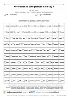 Kolorowanka ortograficzna ch czy h — 100 wyrazów z luką, obrazek serce, do druku (klasa 2)