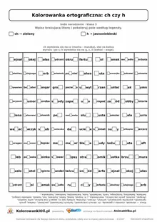Kolorowanka ortograficzna ch czy h — 100 wyrazów z luką, obrazek choinka, do druku (klasa 3)