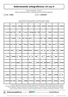 Kolorowanka ortograficzna ch czy h — 100 wyrazów z luką, obrazek gwiazda, do druku (klasa 3)