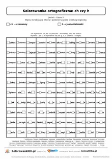 Kolorowanka ortograficzna ch czy h — 100 wyrazów z luką, obrazek jabłko, do druku (klasa 3)