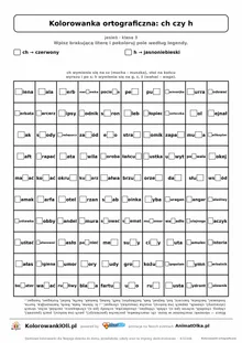 Kolorowanka ortograficzna ch czy h — 100 wyrazów z luką, obrazek muchomor, do druku (klasa 3)
