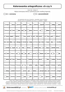 Kolorowanka ortograficzna ch czy h — 100 wyrazów z luką, obrazek serce, do druku (klasa 3)