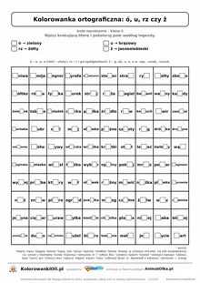 Kolorowanka ortograficzna ó, u, rz czy ż — 100 wyrazów z luką, obrazek choinka, do druku (klasa 3)