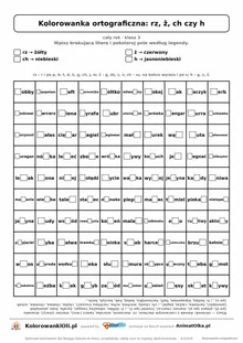 Kolorowanka ortograficzna rz, ż, ch czy h — 100 wyrazów z luką, obrazek dom, do druku (klasa 3)