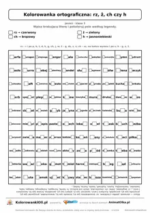 Kolorowanka ortograficzna rz, ż, ch czy h — 100 wyrazów z luką, obrazek jabłko, do druku (klasa 3)