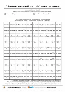 Kolorowanka ortograficzna „nie” razem czy osobno — 100 wyrazów z luką, obrazek gwiazda, do druku (klasa 3)