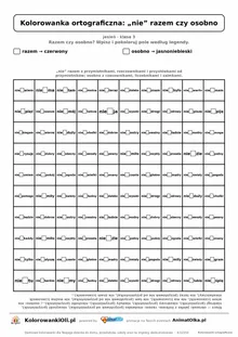 Kolorowanka ortograficzna „nie” razem czy osobno — 100 wyrazów z luką, obrazek jabłko, do druku (klasa 3)