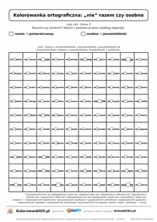 Kolorowanka ortograficzna „nie” razem czy osobno — 100 wyrazów z luką, obrazek rybka, do druku (klasa 3)