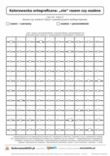 Kolorowanka ortograficzna „nie” razem czy osobno — 100 wyrazów z luką, obrazek serce, do druku (klasa 3)