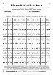 Kolorowanka ortograficzna ó czy u — 100 wyrazów z luką, obrazek choinka, do druku (klasa 2)