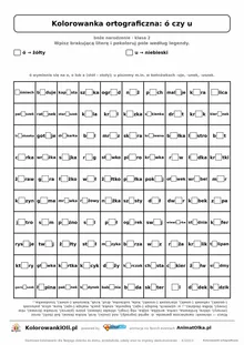 Kolorowanka ortograficzna ó czy u — 100 wyrazów z luką, obrazek gwiazda, do druku (klasa 2)