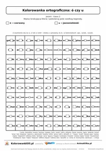 Kolorowanka ortograficzna ó czy u — 100 wyrazów z luką, obrazek muchomor, do druku (klasa 2)