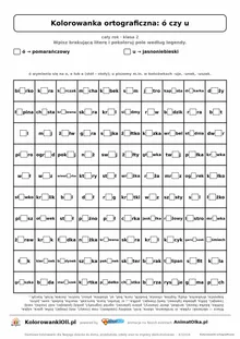 Kolorowanka ortograficzna ó czy u — 100 wyrazów z luką, obrazek rybka, do druku (klasa 2)