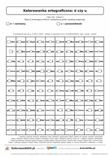 Kolorowanka ortograficzna ó czy u — 100 wyrazów z luką, obrazek serce, do druku (klasa 2)