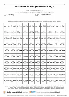 Kolorowanka ortograficzna ó czy u — 100 wyrazów z luką, obrazek choinka, do druku (klasa 3)